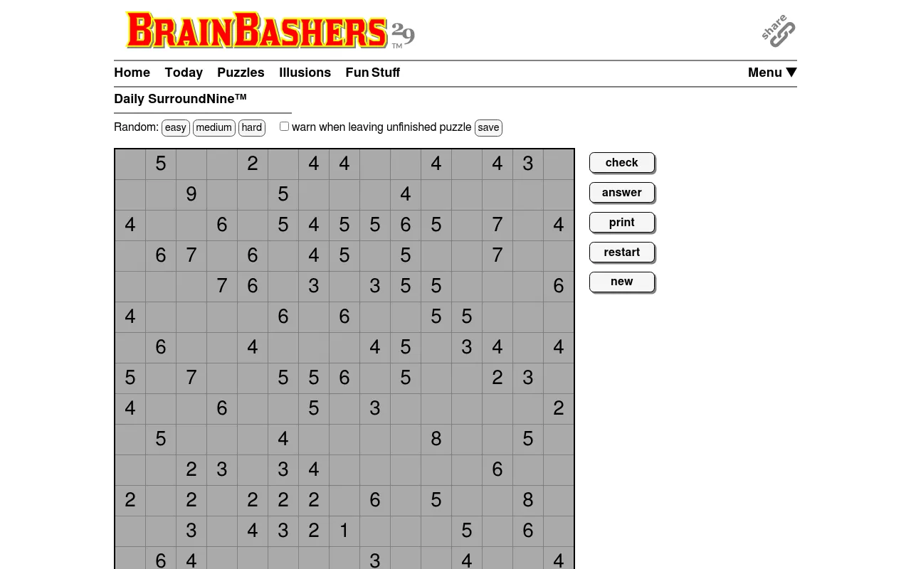 BrainBashers SurroundNine for 21 October 2026, 15x15 Hard: a grey grid of clue numbers 1 to 9 beside check, answer, print, restart and new buttons