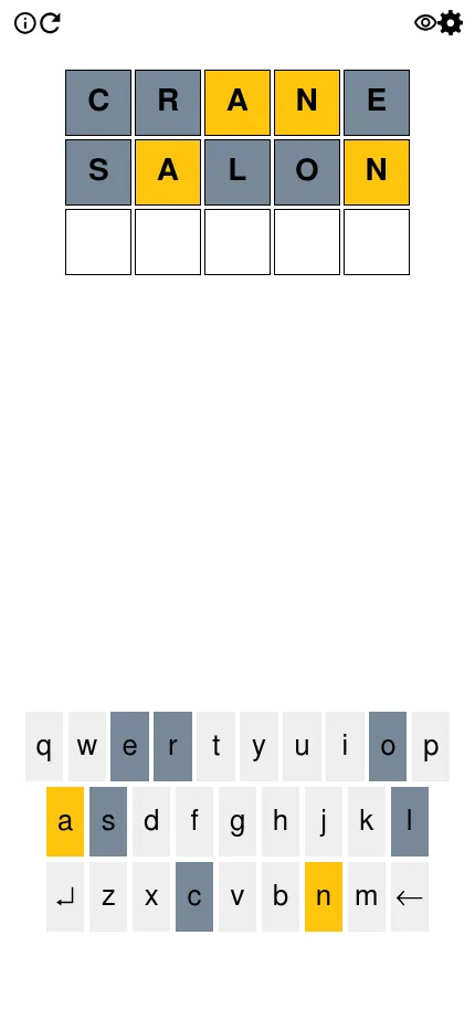 Survivle at phone size: the daily board with CRANE and SALON guessed, A and N in yellow, and the full on-screen keyboard below
