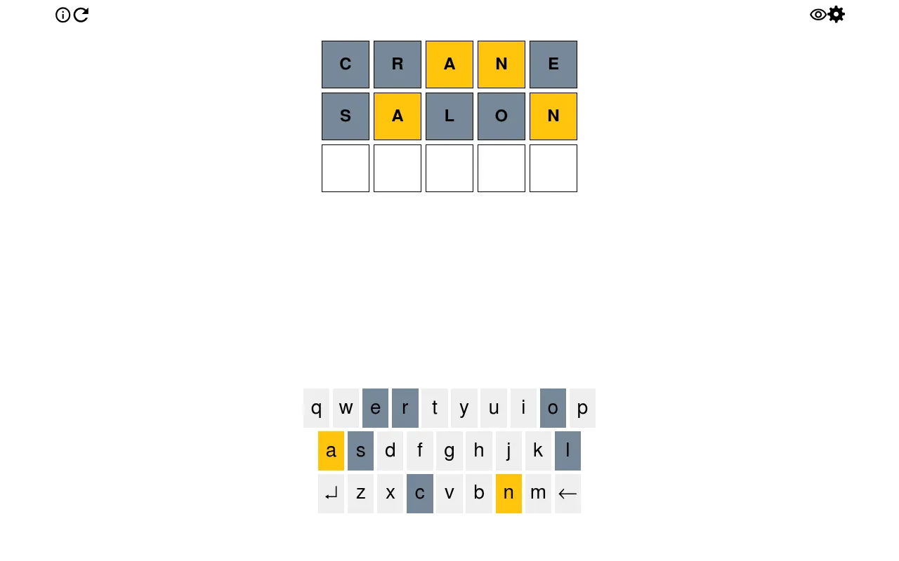 Today's daily Survivle board on a desktop: guesses CRANE and SALON with A and N yellow, the next row empty above the on-screen keyboard