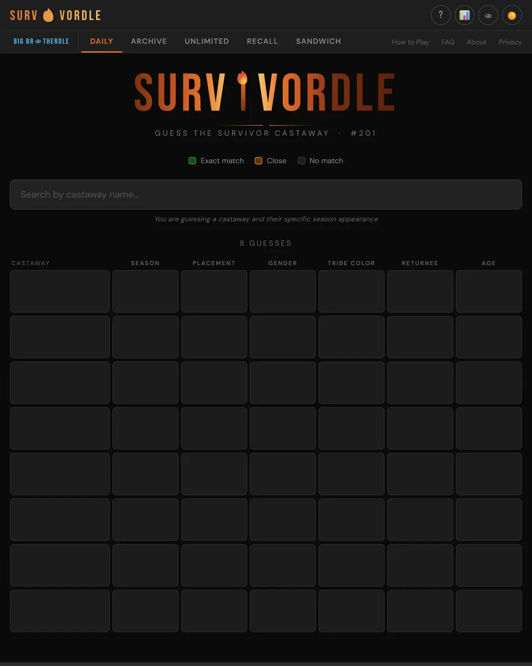 Survivordle's daily board for puzzle #201 before a guess: a castaway search field above eight empty rows of clue cells, with the Daily, Archive, Unlimited, Recall and Sandwich tabs on top