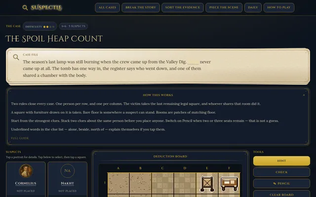 A Suspectle daily case, The Spoil Heap Count: difficulty dots, a 6 by 6 grid with 5 suspects, the case file text, the rules panel, the suspects' portraits and the top of the deduction board with furni