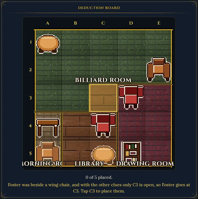 Suspectle's deduction board for the 20 October 2026 case: a pixel-art 5 by 5 floor plan of four rooms with chairs, tables and a bookcase, and a guided first-move hint below