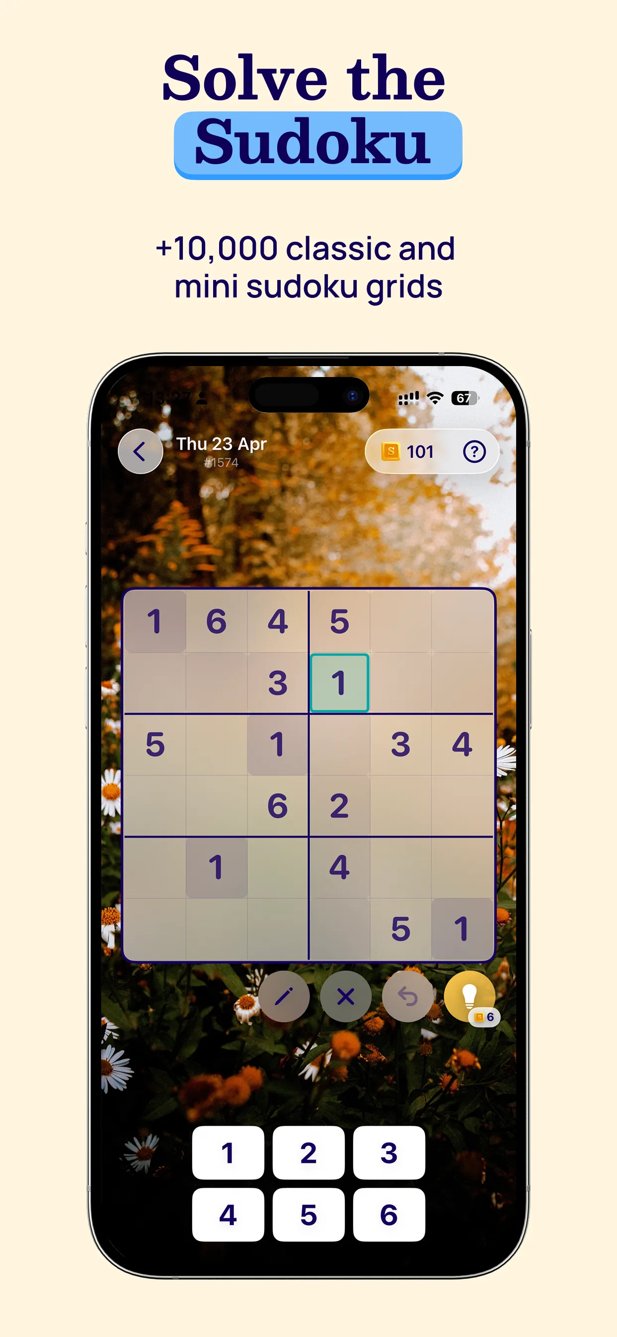 Sutom app store screenshot: the 6x6 sudoku of the day for Thu 23 Apr, #1574, over a photo of autumn leaves and daisies