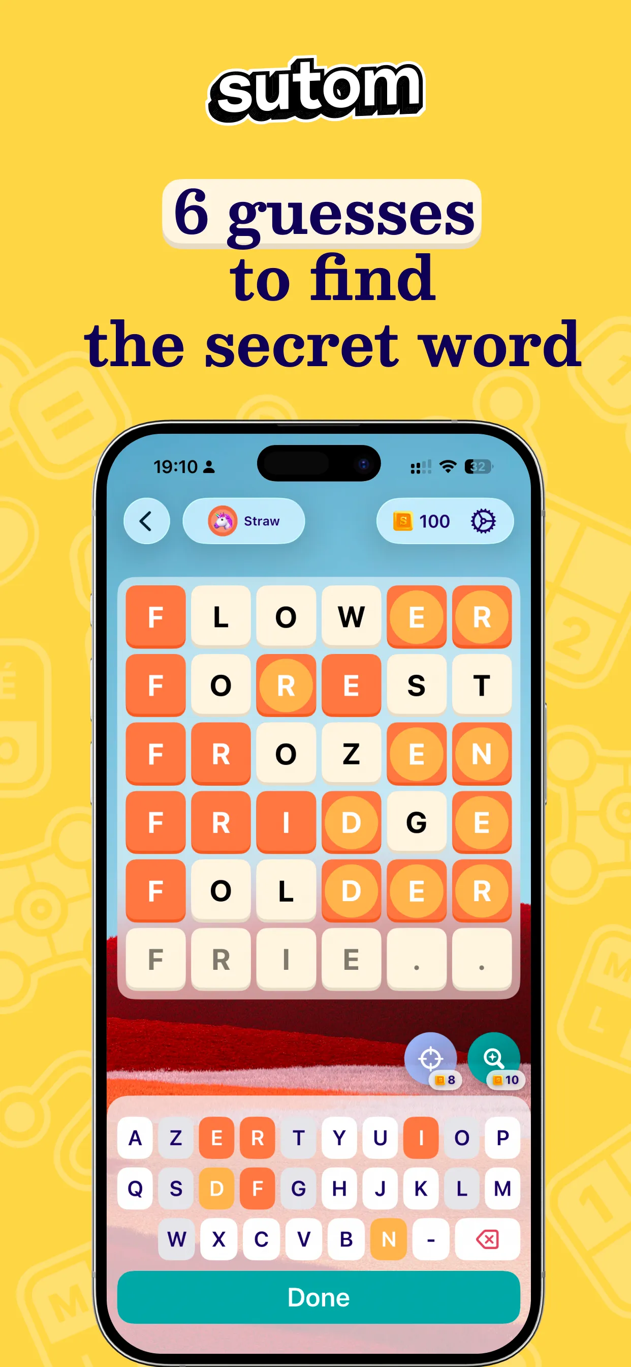 Sutom app store screenshot: a six-letter word of the day board with guesses FLOWER, FOREST, FROZEN, FRIDGE and FOLDER in orange tiles, under 6 guesses to find the secret word