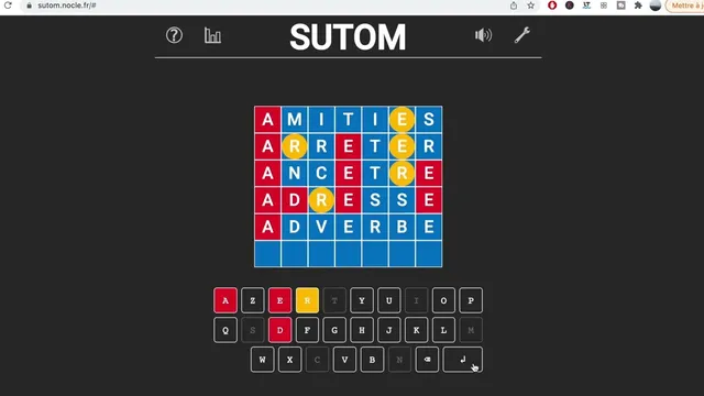 SUTOM grid with seven-letter guesses starting with A, letters marked red, yellow and blue, above an AZERTY keyboard
