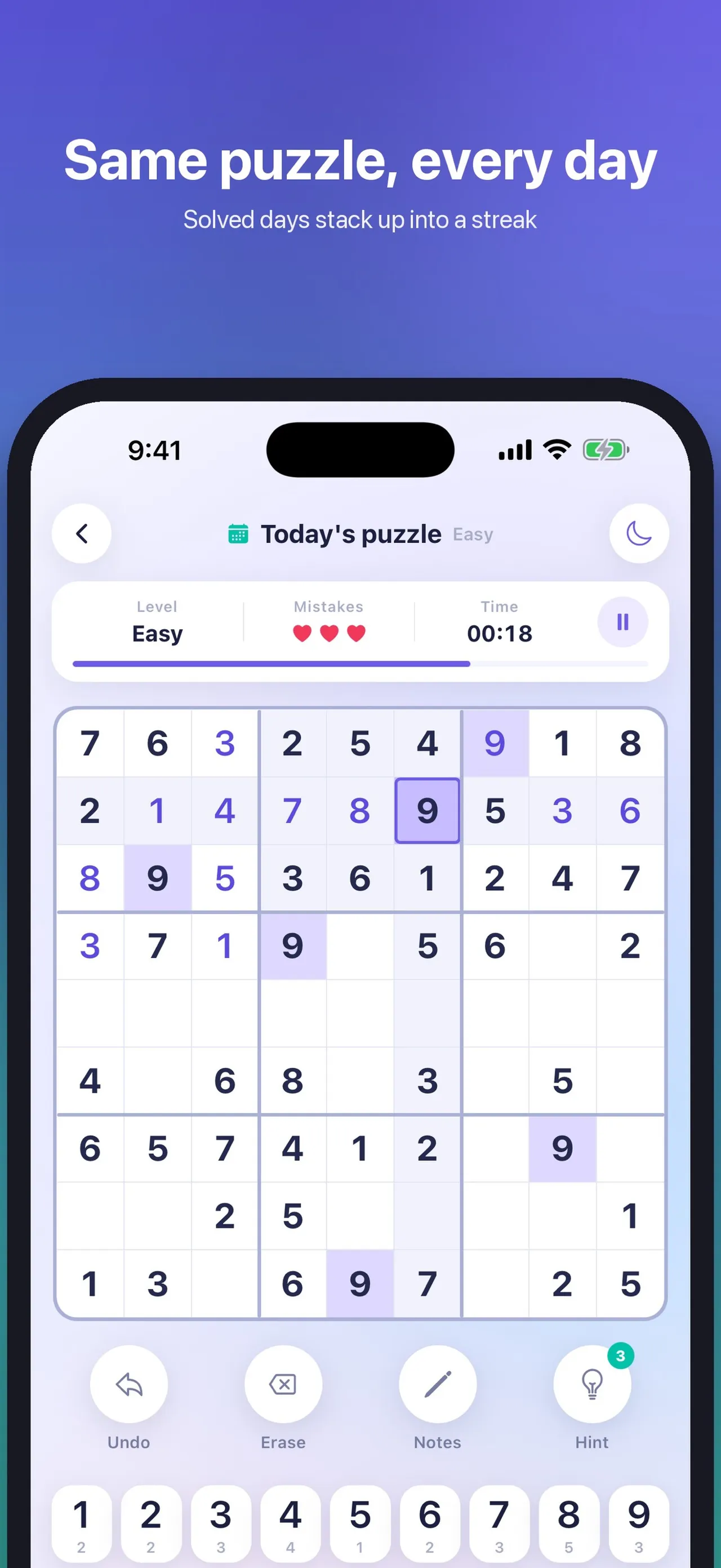 Suzzku Today's puzzle on Easy at 00:18 with three hearts, a part-filled sudoku grid, Undo, Erase, Notes and Hint buttons and the number pad