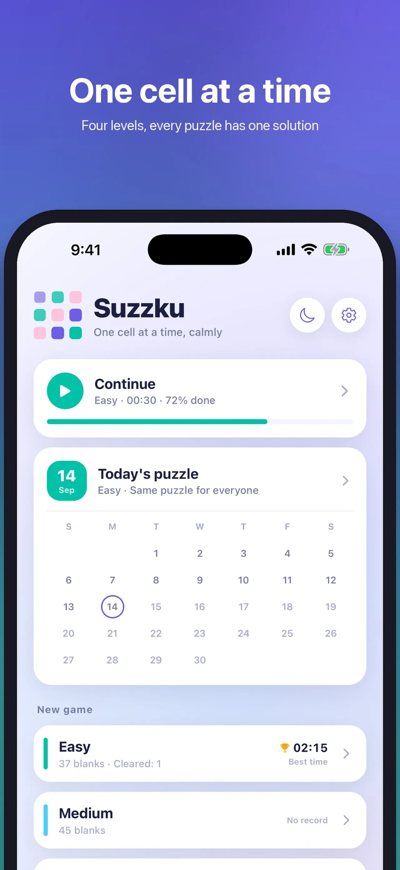 Suzzku home screen with a Continue card, Today's puzzle for 14 Sep marked Same puzzle for everyone, a September calendar, and Easy and Medium games below