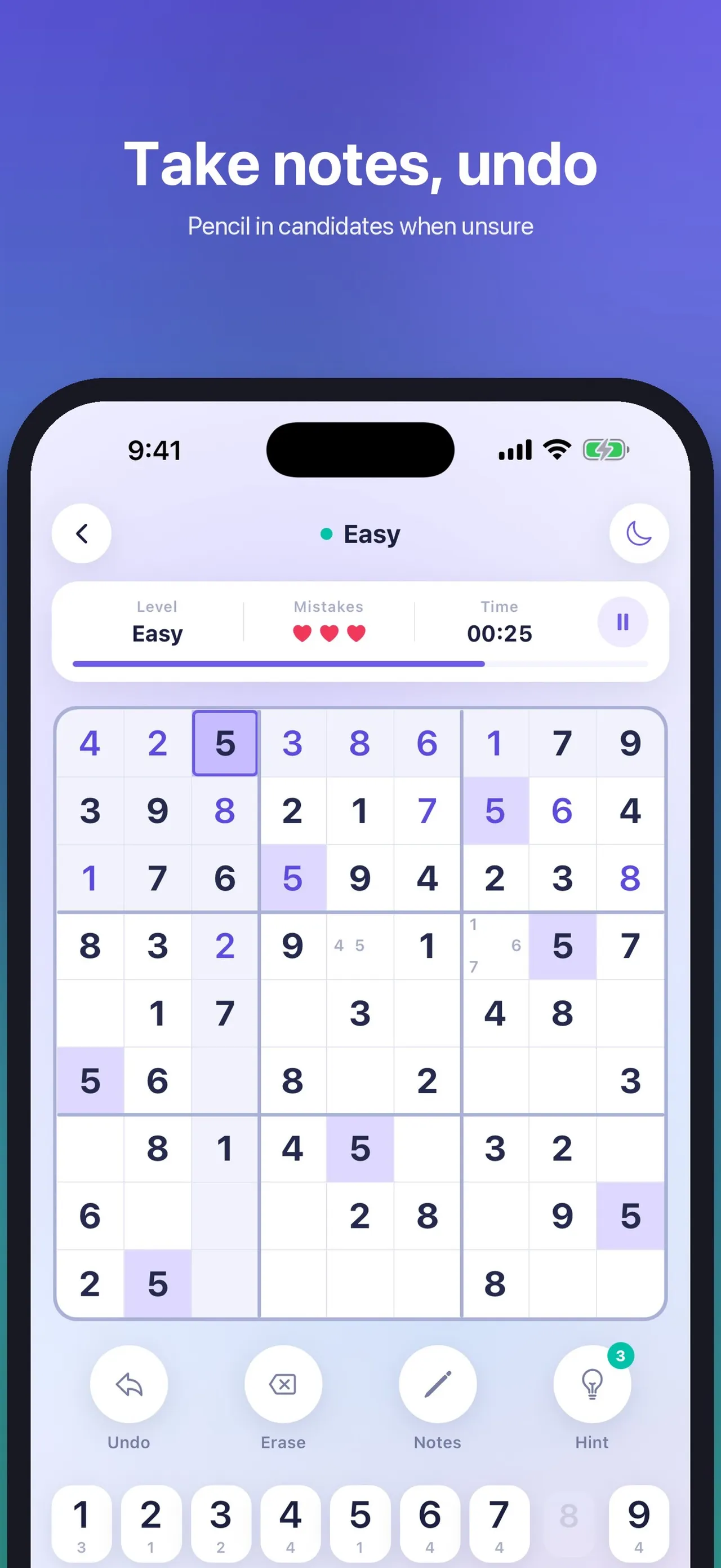 Suzzku Easy game at 00:25 with pencil notes in two cells and Hint showing 3