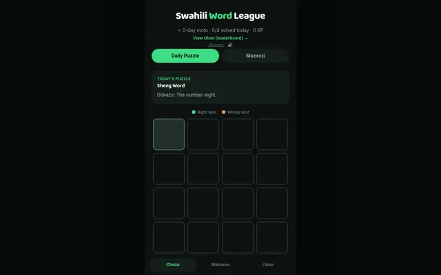 Swahili Word League daily puzzle: today's Sheng word with the clue the number eight, above an empty grid of four-letter rows with right spot and wrong spot colours