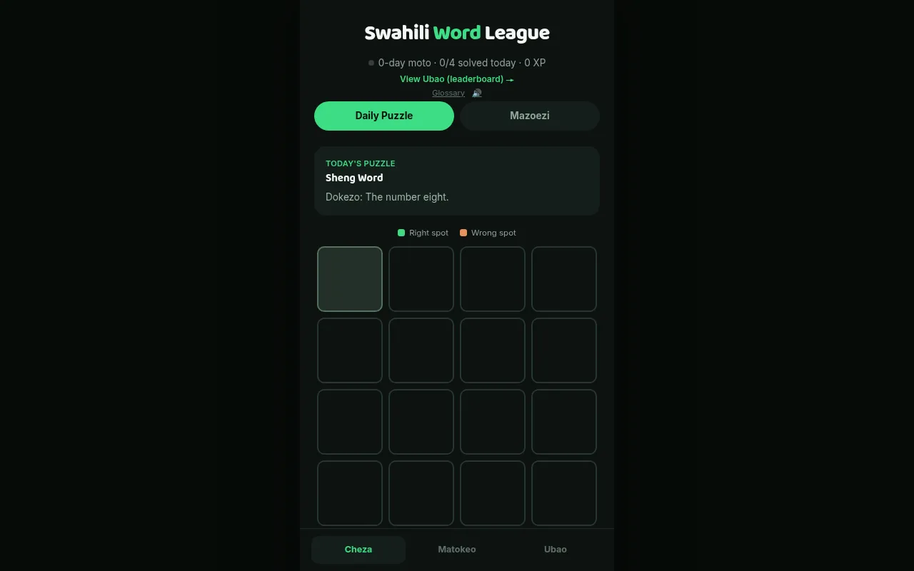 Swahili Word League daily puzzle: today's Sheng word with the clue the number eight, above an empty grid of four-letter rows with right spot and wrong spot colours