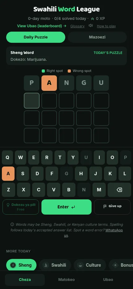 Swahili Word League at phone size: today's Sheng word after one guess, with the on-screen keyboard, the free second hint and the other three words below
