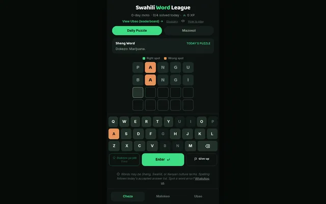 Swahili Word League on 29 October 2026: the Sheng word with the clue Marijuana, two guesses PANGU and BANGI on a four-row grid, the A marked orange