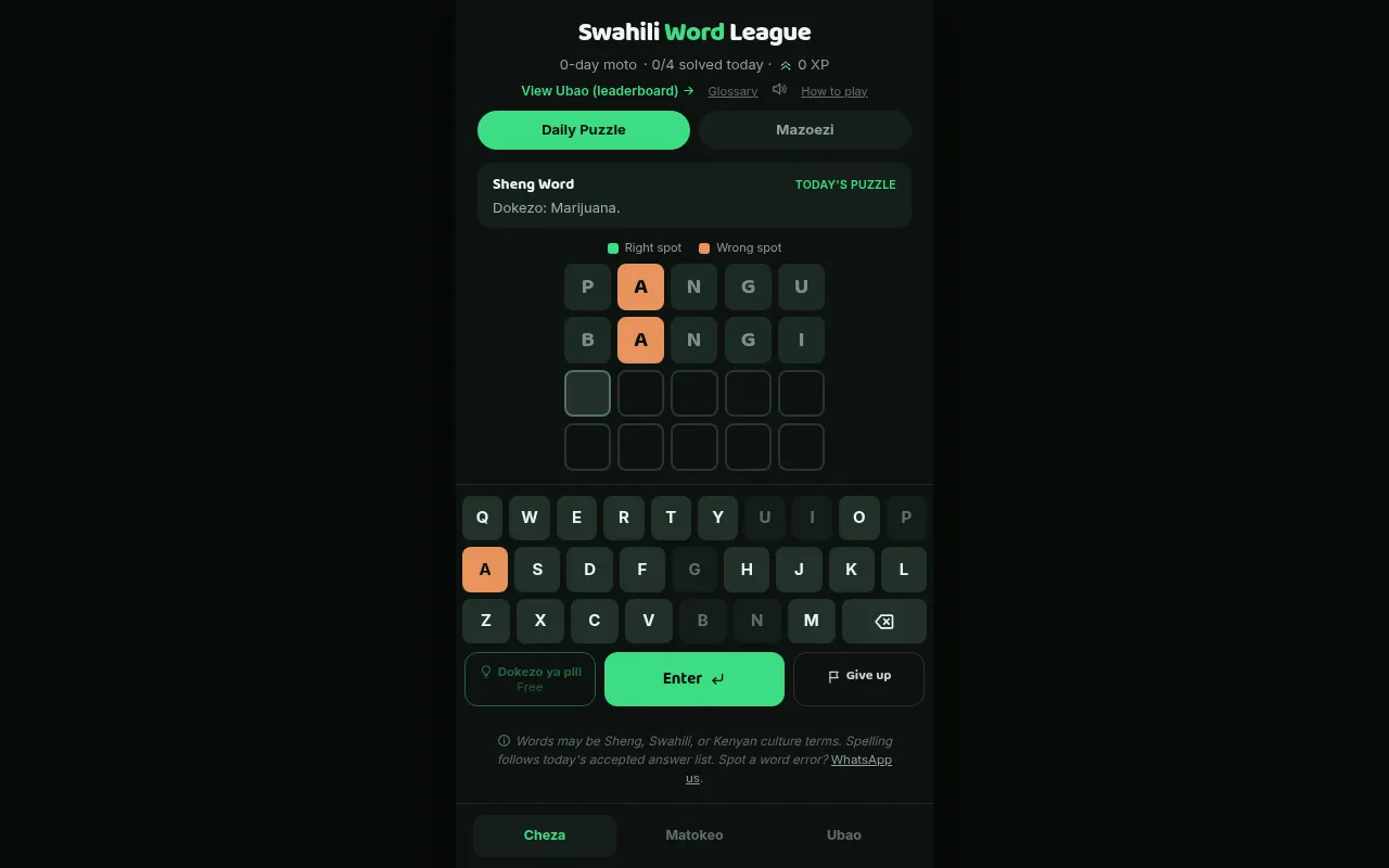 Swahili Word League on 29 October 2026: the Sheng word with the clue Marijuana, two guesses PANGU and BANGI on a four-row grid, the A marked orange