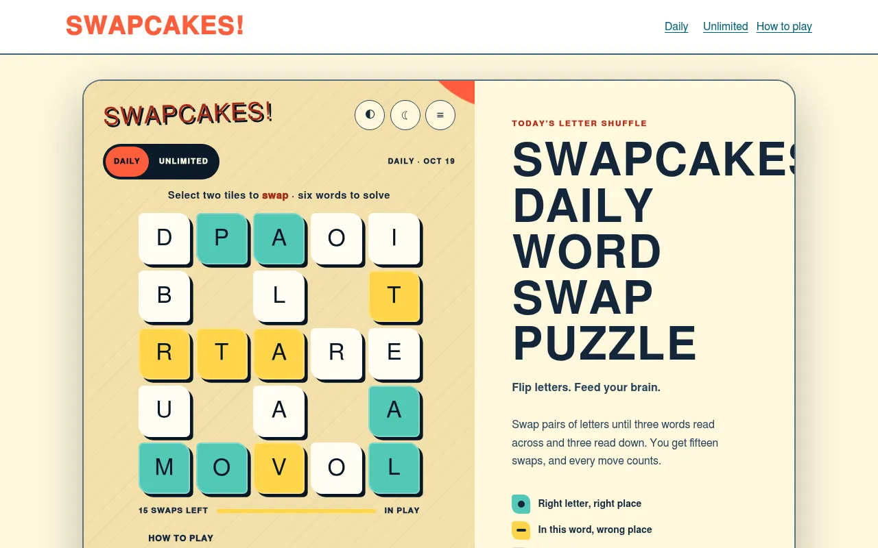 The Swapcakes daily board for Oct 19: a waffle-shaped grid of 21 letter tiles in white, teal and yellow, 15 swaps left, beside the colour key