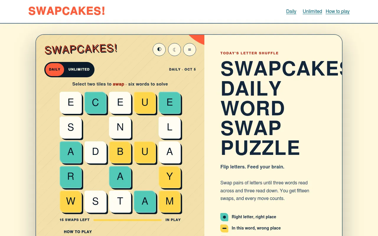 The Swapcakes daily board for Oct 5: a waffle-shaped grid of 21 letter tiles in white, teal and yellow with 15 swaps left