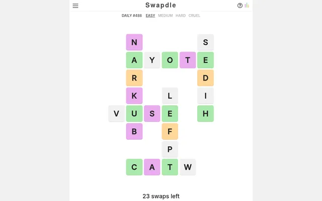 Swapdle daily #488 on Easy: a grid of crossing words with scrambled letter tiles coloured green, yellow, pink and grey, and 23 swaps left