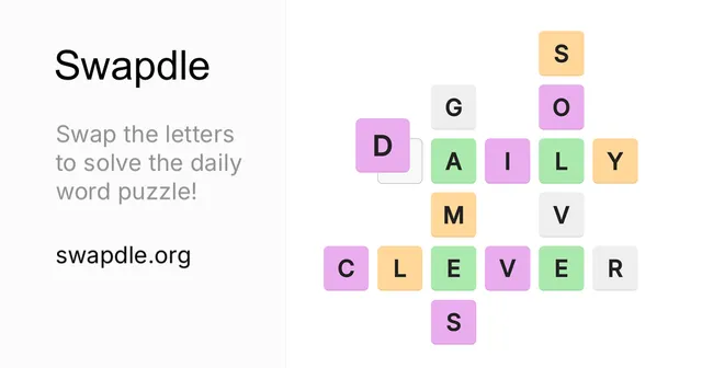 The Swapdle card: coloured letter tiles crossing in a grid spelling DAILY, SOLVE and CLEVER