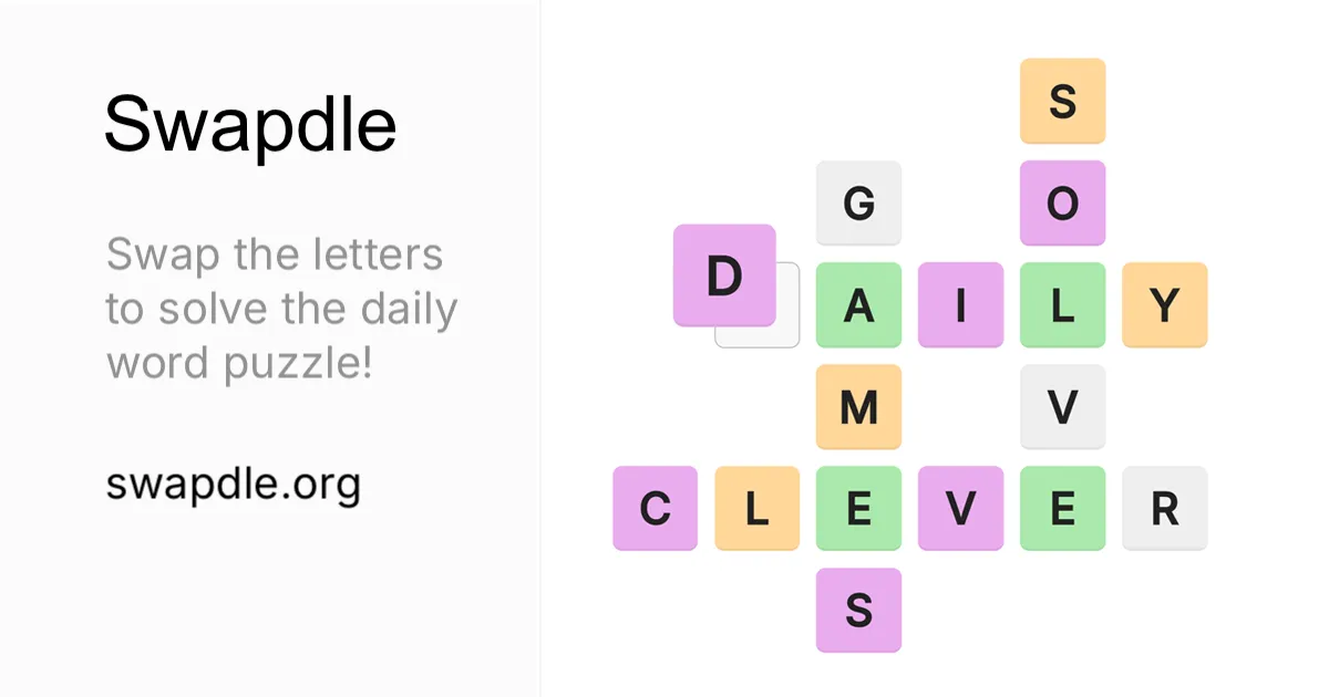 The Swapdle card: coloured letter tiles crossing in a grid spelling DAILY, SOLVE and CLEVER