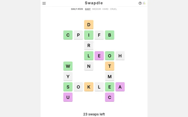 Swapdle Daily #509 on Easy: a crossword-shaped grid of scrambled letter tiles in green, orange, pink and grey, with 23 swaps left