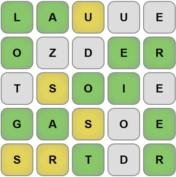 A Swapple board: a 5x5 grid of scrambled letter tiles in green, yellow and grey