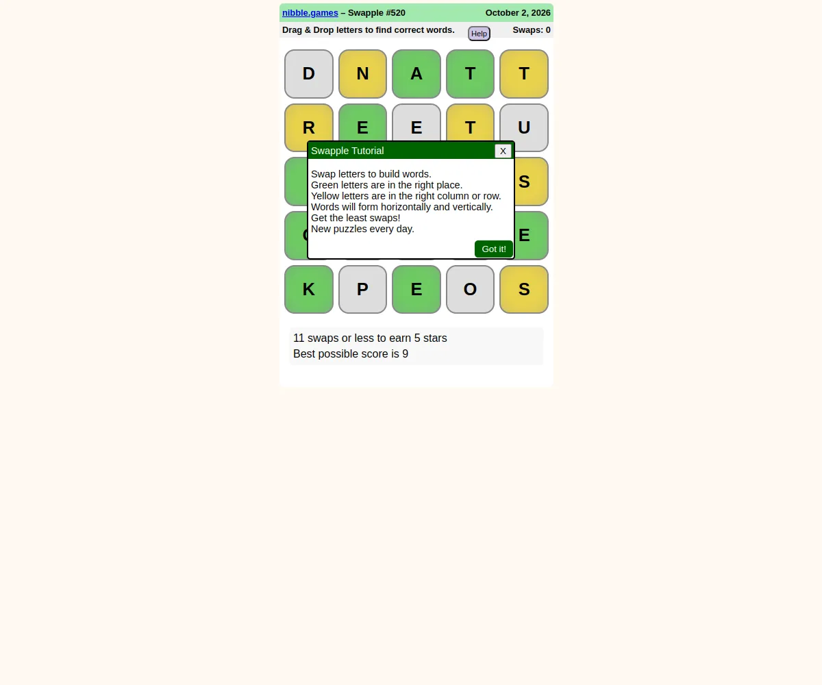 Swapple #520 for 2 October 2026: a 5x5 grid of green, yellow and grey letter tiles with the tutorial box and the swap target below