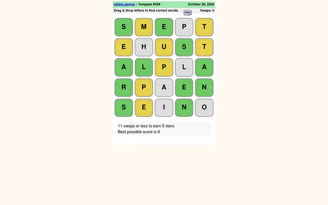 Swapple #538 Daily Easy for 20 October 2026 on desktop: a scrambled 5x5 letter grid in green, yellow and grey, 11 swaps for 5 stars, best possible 9