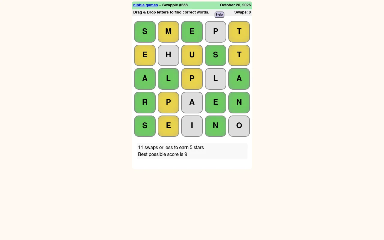 Swapple #538 Daily Easy for 20 October 2026 on desktop: a scrambled 5x5 letter grid in green, yellow and grey, 11 swaps for 5 stars, best possible 9