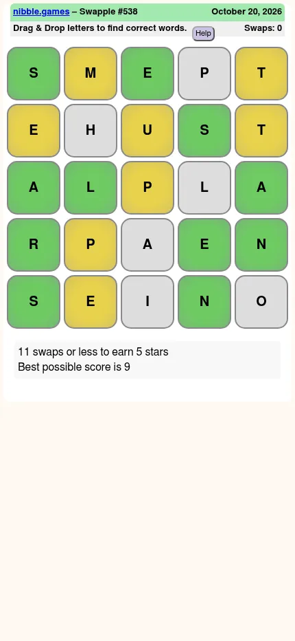 Swapple #538 Daily Easy at phone size: the 5x5 grid of letter tiles fills the screen width with the swap target below