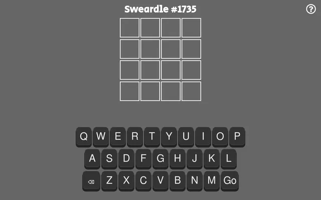 Sweardle #1735: an empty four-by-four letter grid above an on-screen keyboard with a Go key