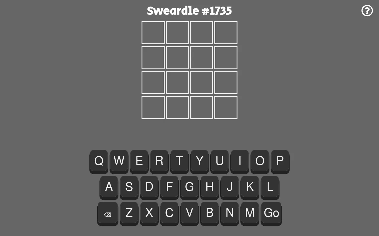 Sweardle #1735: an empty four-by-four letter grid above an on-screen keyboard with a Go key