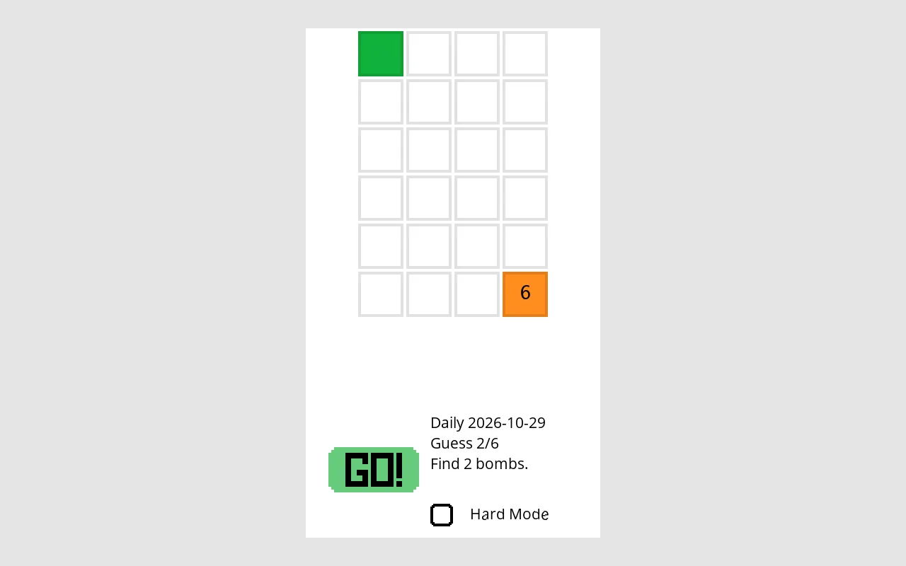Sweeple daily for 2026-10-29: a 4x6 board after the first guess, one bomb found in green at the top left and a distance clue of 6 in orange at the bottom right