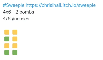 Sweeple shared result: 4x6, 2 bombs, 4 of 6 guesses, with a grid of yellow and green squares