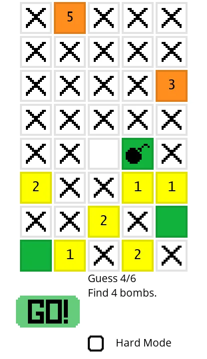 Sweeple 5x8 board at guess 4 of 6: distance numbers in yellow and orange squares, many squares crossed out, one bomb found in green, with the GO button