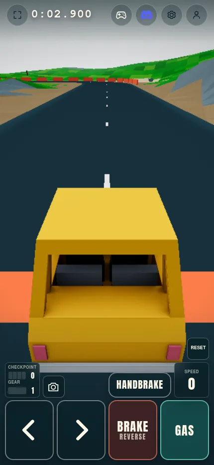 Swervle on a phone: the yellow car on the day's track with on-screen steering arrows, Gas, Brake and Handbrake buttons