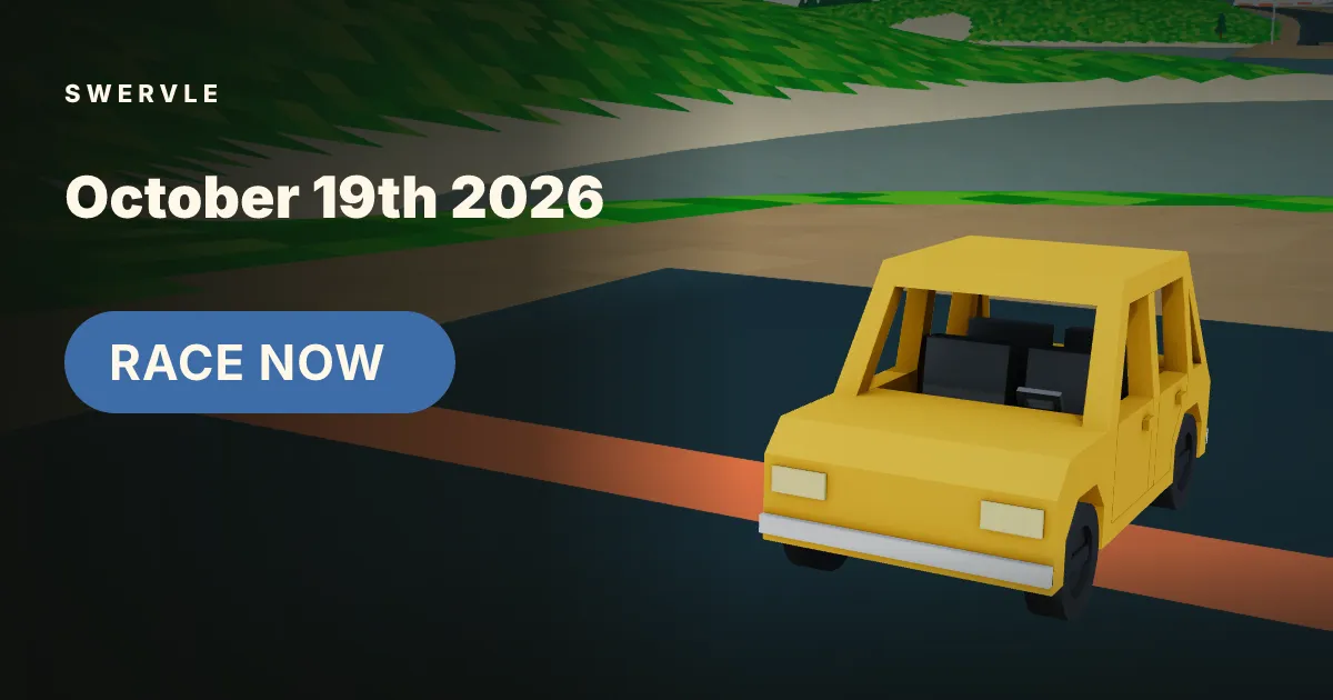 Swervle's share card for the 19 October 2026 race: the yellow car on an orange track line with a Race Now button