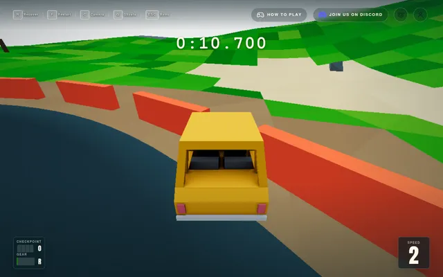 Swervle's race of 19 October 2026 under way: a yellow boxy car on a dark road between orange barriers and green hills, with the timer at 0:10.700