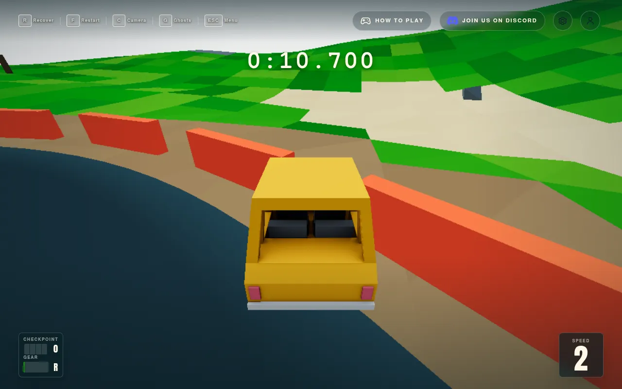 Swervle's race of 19 October 2026 under way: a yellow boxy car on a dark road between orange barriers and green hills, with the timer at 0:10.700