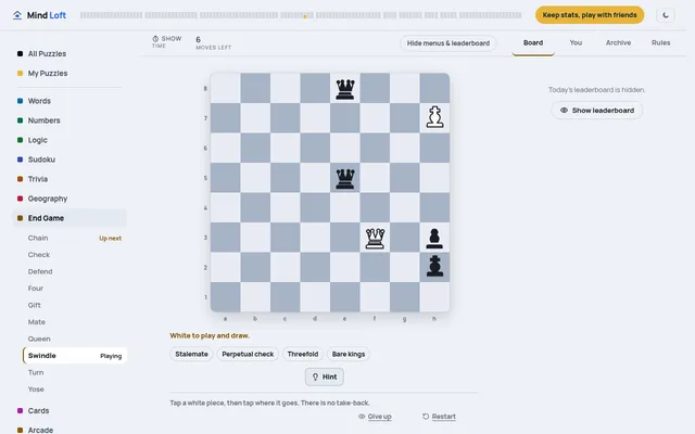A Swindle board: White king and queen against two black queens, a black king and a pawn, White to play and draw