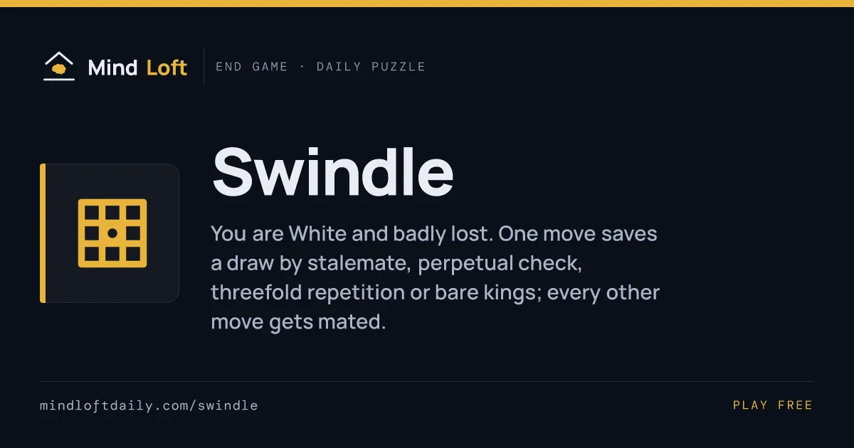 Swindle share card from Mind Loft: White is badly lost and one move saves a draw