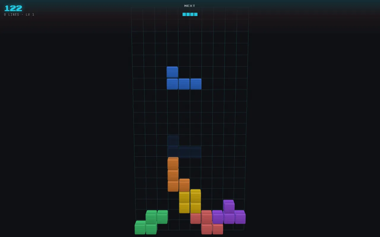 Today's Swipetris board on a desktop: coloured 3D blocks stacked at the foot of the well, a blue piece falling, the next piece and the score of 122