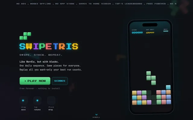 The Swipetris home page: the pixel-art name, Like Wordle, but with blocks, and a phone showing a stack of coloured blocks with score and day best