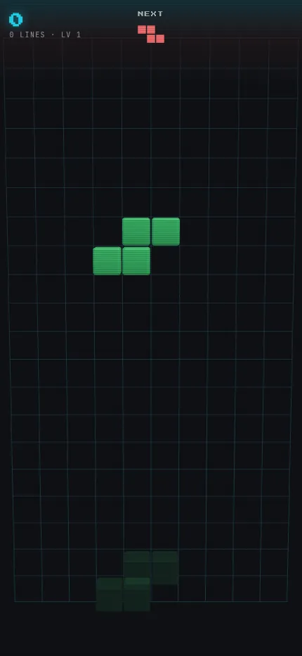 Swipetris on a phone screen: the tall well with a green piece falling, its ghost at the bottom and the next piece shown above