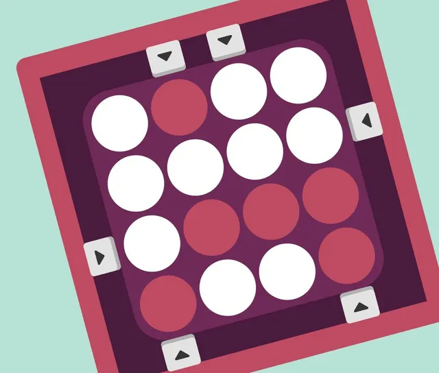 Switch Spots press art: a board of white and red dots with arrow buttons on its sides and corners