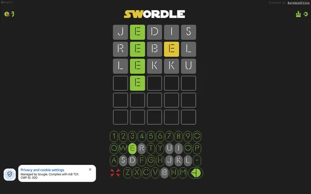 A SWordle board in play: guesses JEDIS, REBEL and LEKKU with a green E in second place, a yellow E, grey letters and the number and dash keyboard