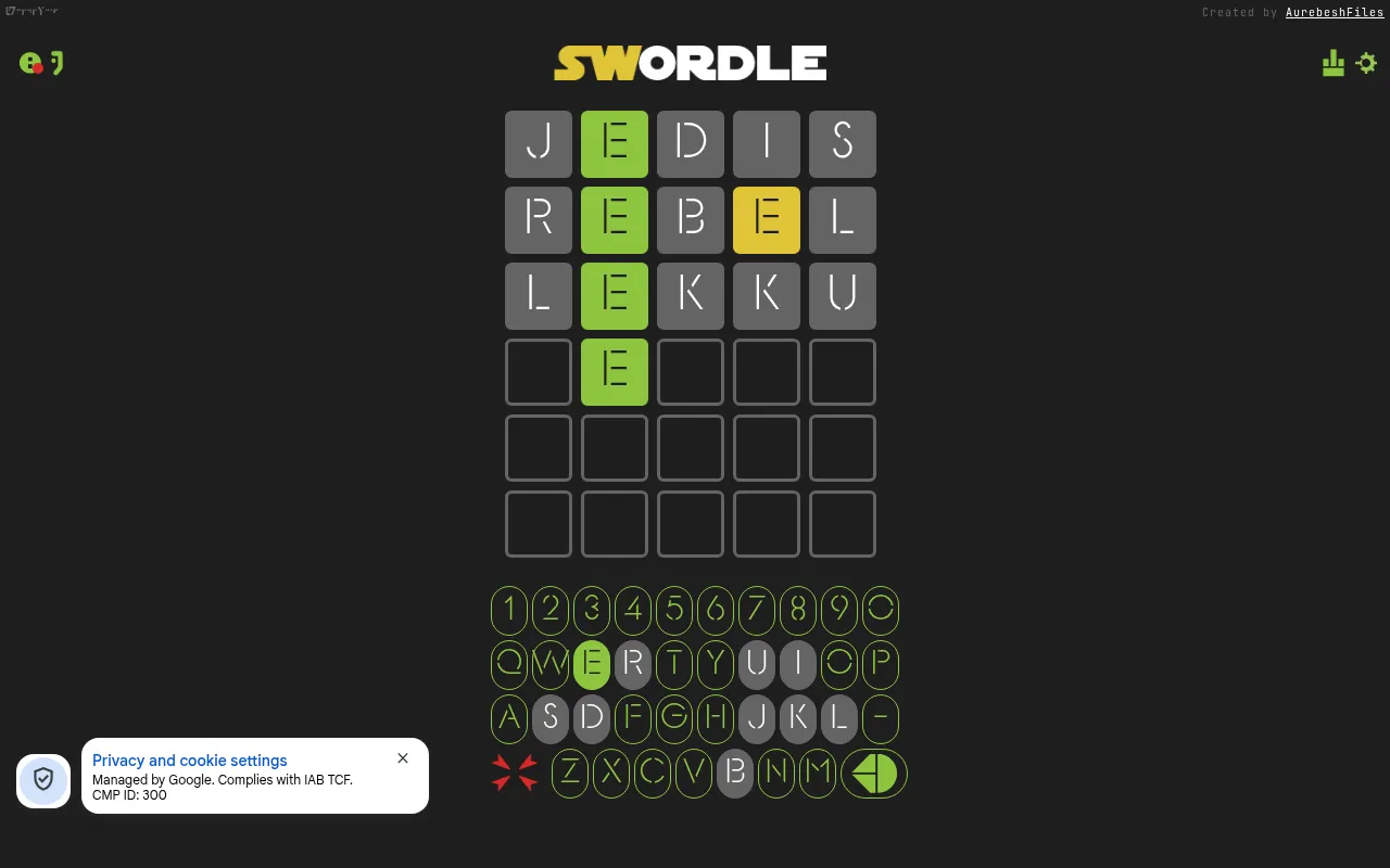 A SWordle board in play: guesses JEDIS, REBEL and LEKKU with a green E in second place, a yellow E, grey letters and the number and dash keyboard