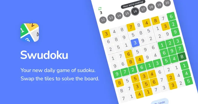 Swudoku share image: a phone showing a 9x9 swap sudoku board with grey, yellow and green tiles, beside the Swudoku name
