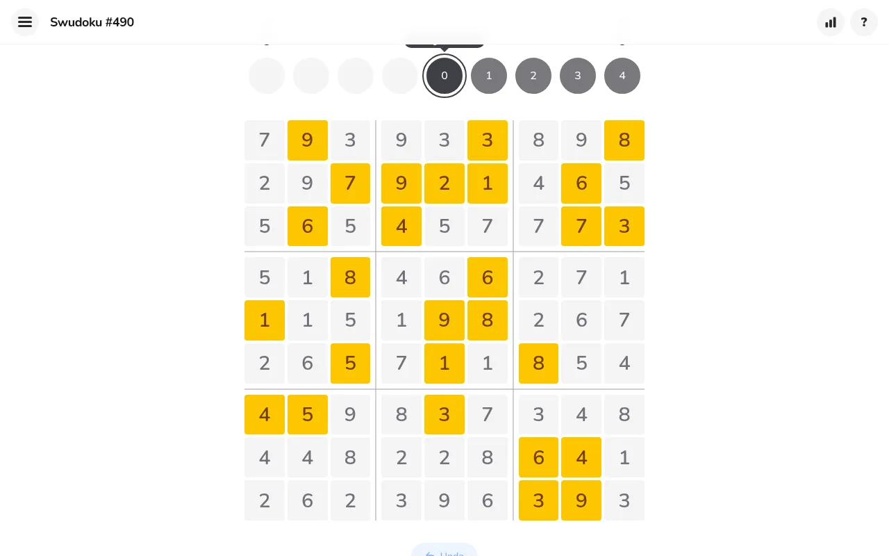 Swudoku #490 at the start: a full 9x9 grid with yellow tiles already in place and grey tiles still to swap