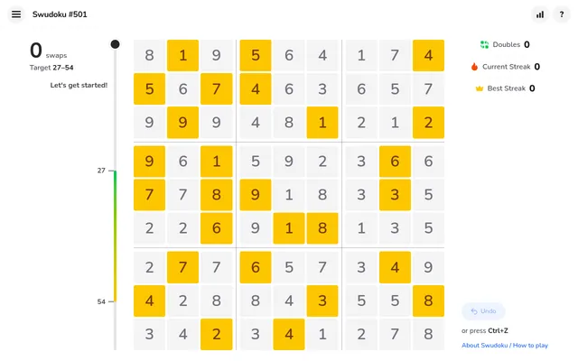 Swudoku #501 at the start: a full 9x9 grid with yellow tiles already home, grey tiles still to swap, and a target of 27 to 54 swaps