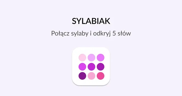 The Sylabiak card: Połącz sylaby i odkryj 5 słów, above a grid of pink and purple dots