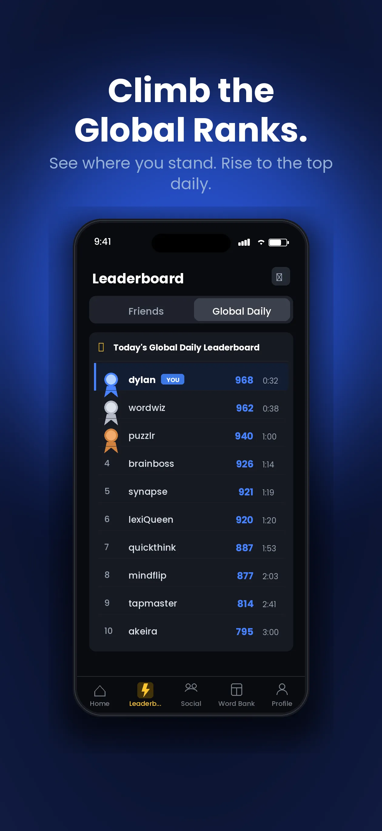 Syllabyte's global daily leaderboard listing players' scores and times
